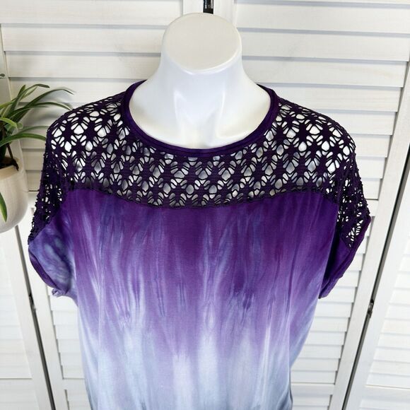 Art of Cloth XS Purple Blue Tie Dye Oversized Boxy Top Cap Sleeve Lagenlook Lace - Picture 2 of 8